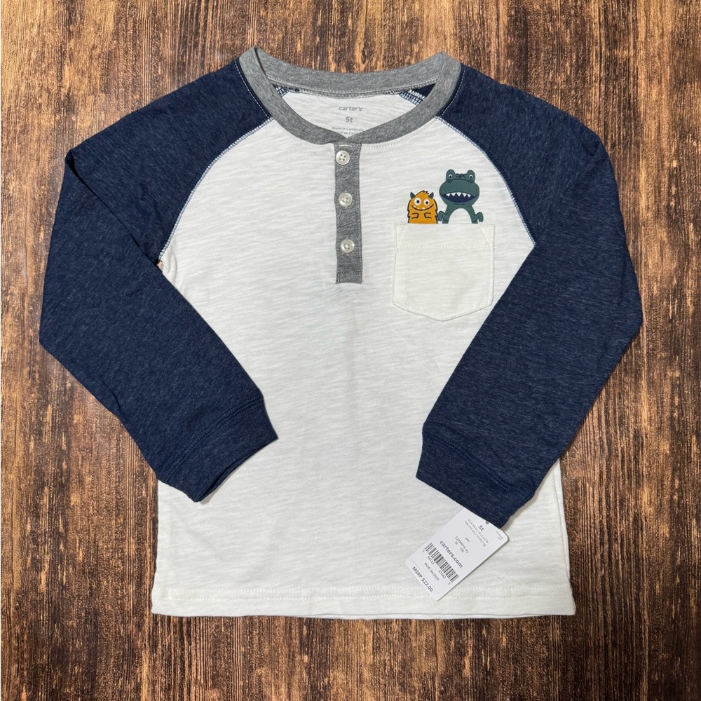 Carters 5T Gray and Blue Kids Raglan Shirt with Pocket